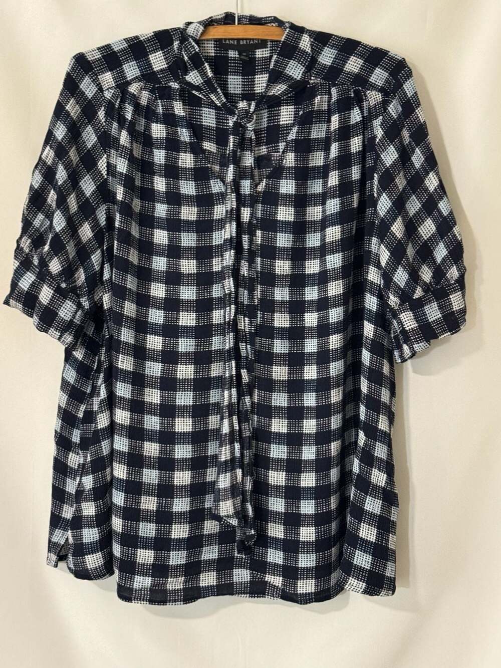 Lane Bryant Plus Gingham Tie Neck Puff Short Sleeve Blouse Size 20 Navy White